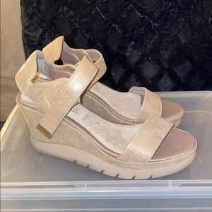Tan Wedge Shoes with Textured Straps and Platform Sole
